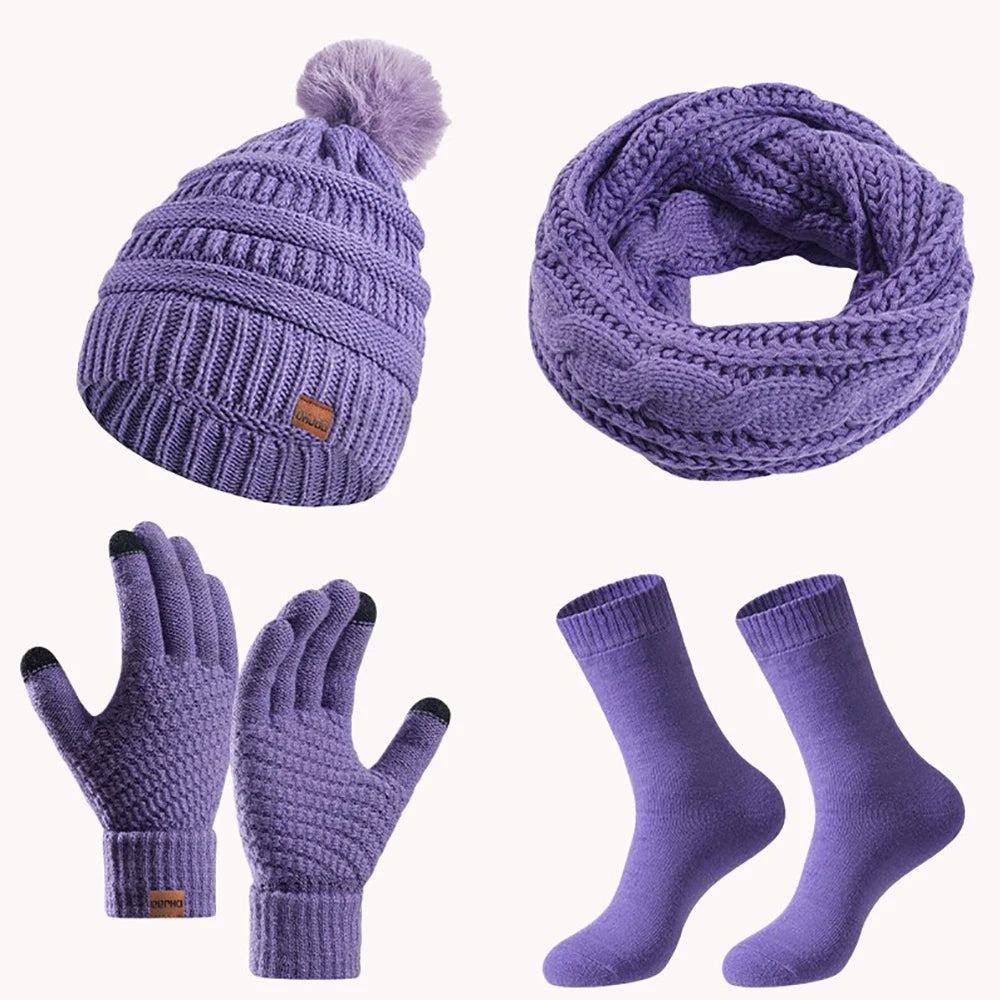 Women's winter hat, scarf and gloves set with faux fur ball by HSF Marketplace