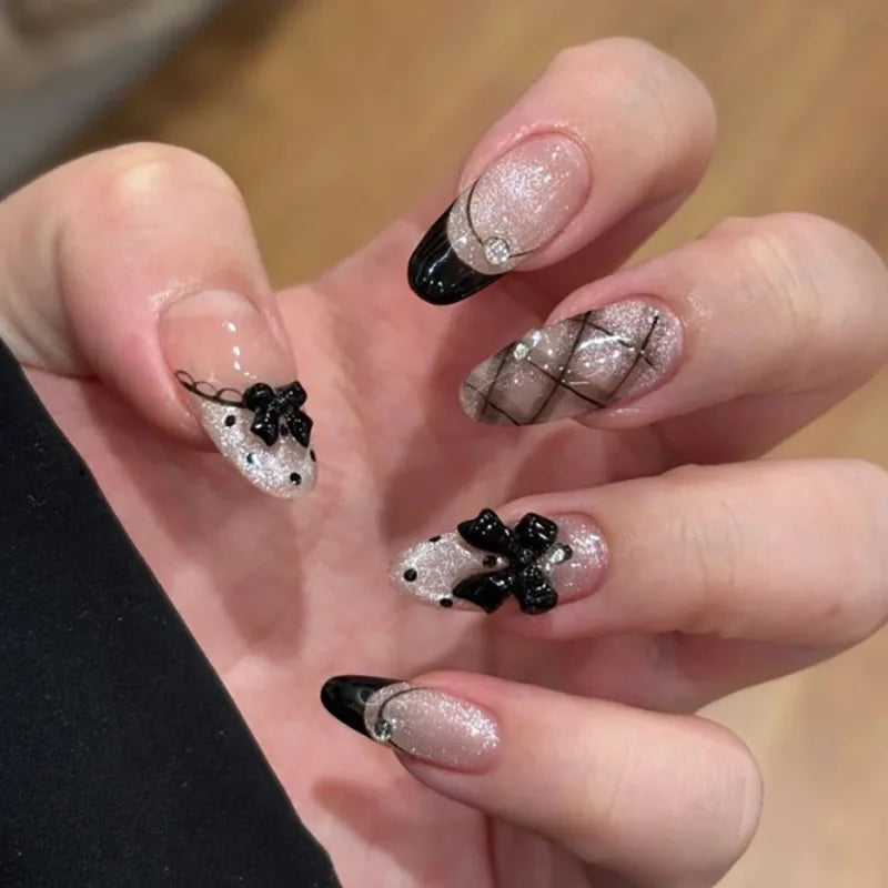 24-piece blush pink glitter diamond cat eye coffin press-on false nails by HSF Marketplace