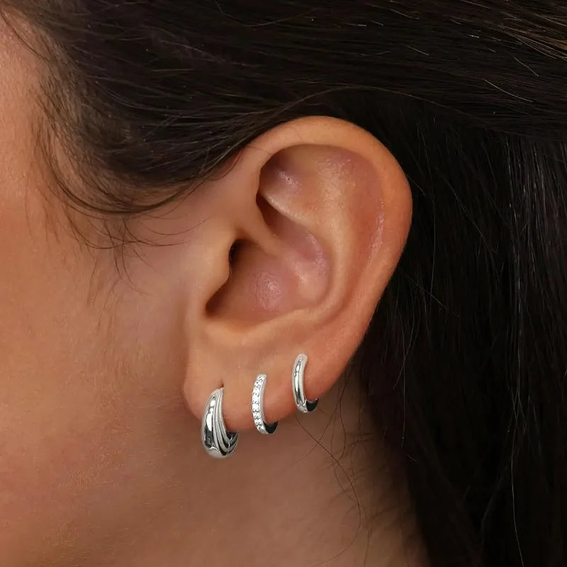 Three pairs of gold-plated stainless steel crystal zirconia hoop earrings for women, simple circle punk jewelry
