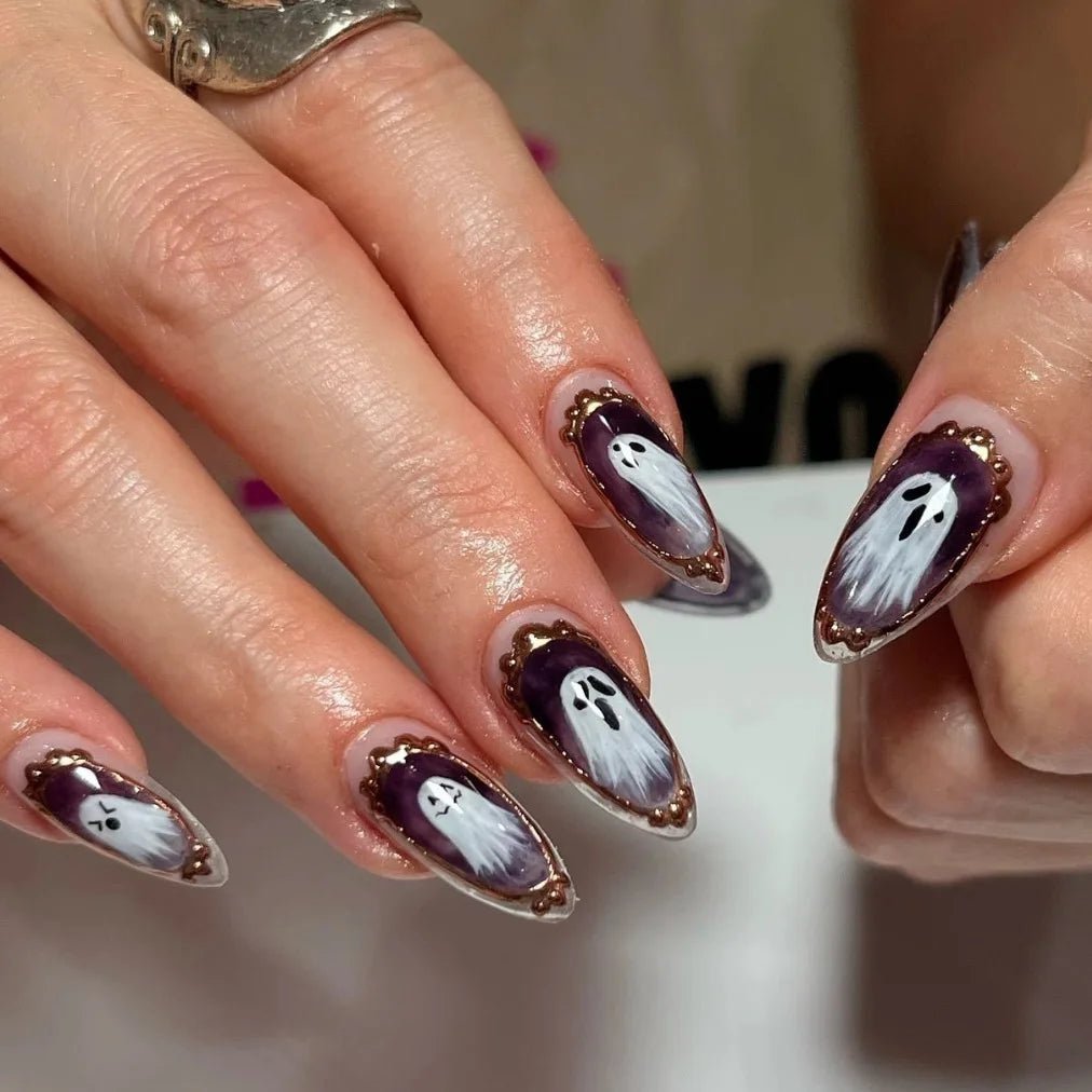 24-piece glitter pink Halloween false nails with scary skull and love print, European ballet press-on design