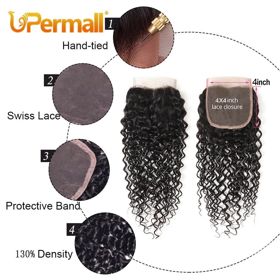 Upermall 3/4 Brazilian Remy Kinky Curly Human Hair Bundles With Closure HD Transparent 4x4 Lace Closure and Weave Extension Soft