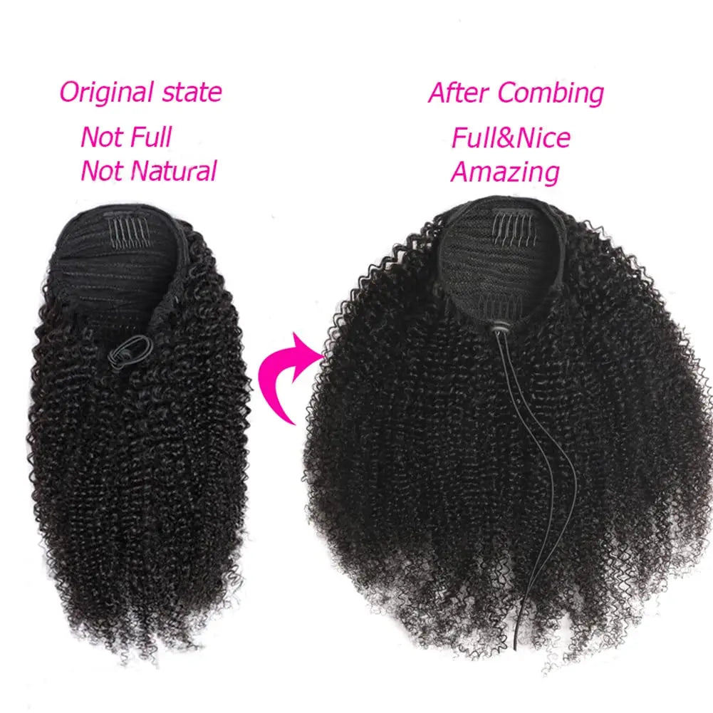 Afro kinky curly human hair drawstring ponytail extension with clip-in attachment from HSF Marketplace