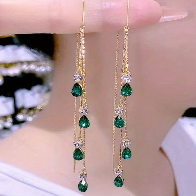 Green zircon drop earrings with long tassels and rhinestone accents for women by HSF Marketplace