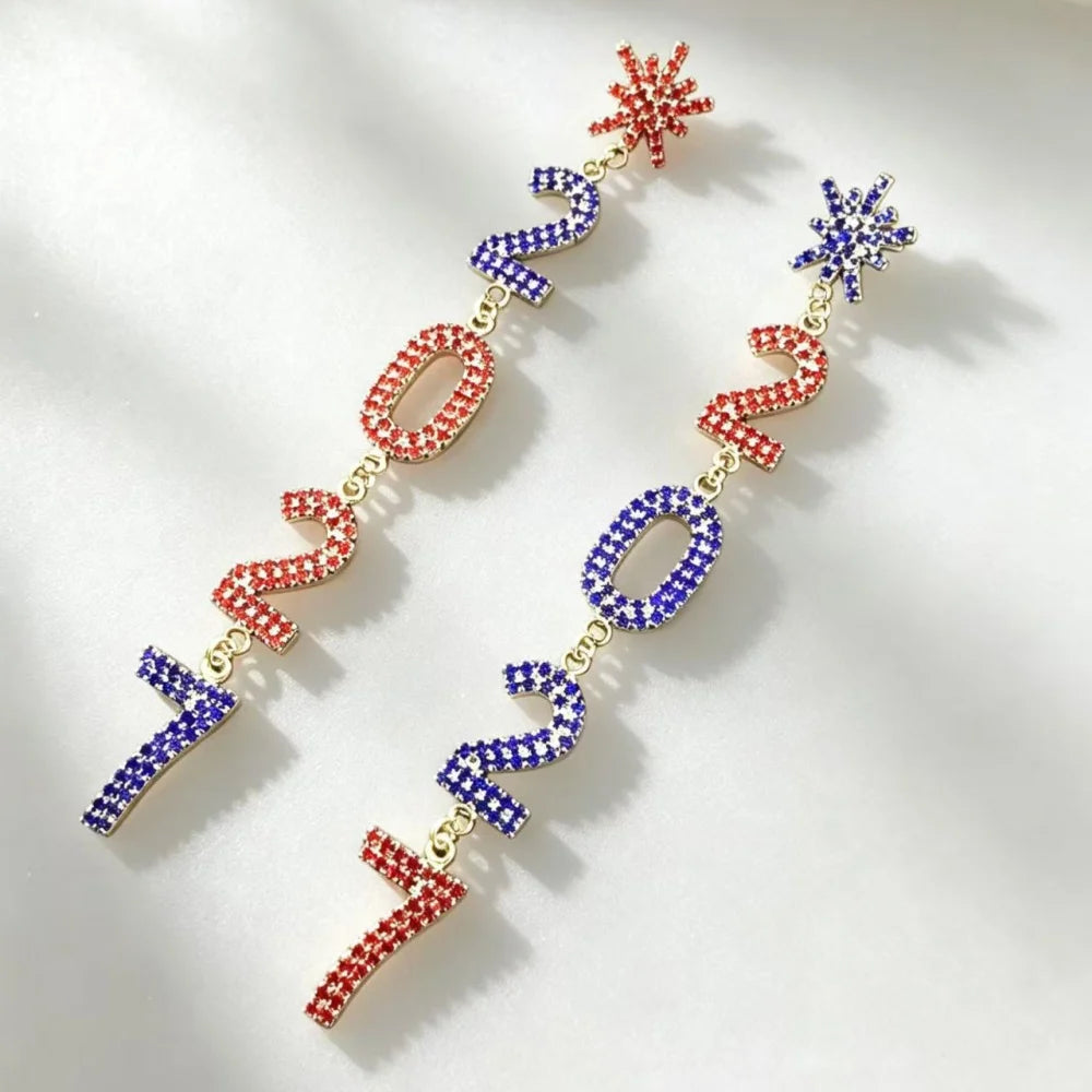 Red, white and blue rhinestone snowflake dangle earrings for women by HSF Marketplace