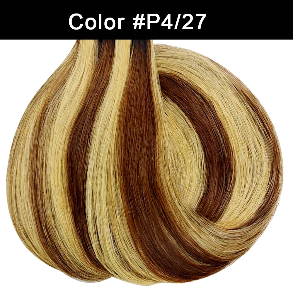Clip-in Brazilian human hair extensions, #4/27 highlighted straight hair, 16-26 inches, natural color