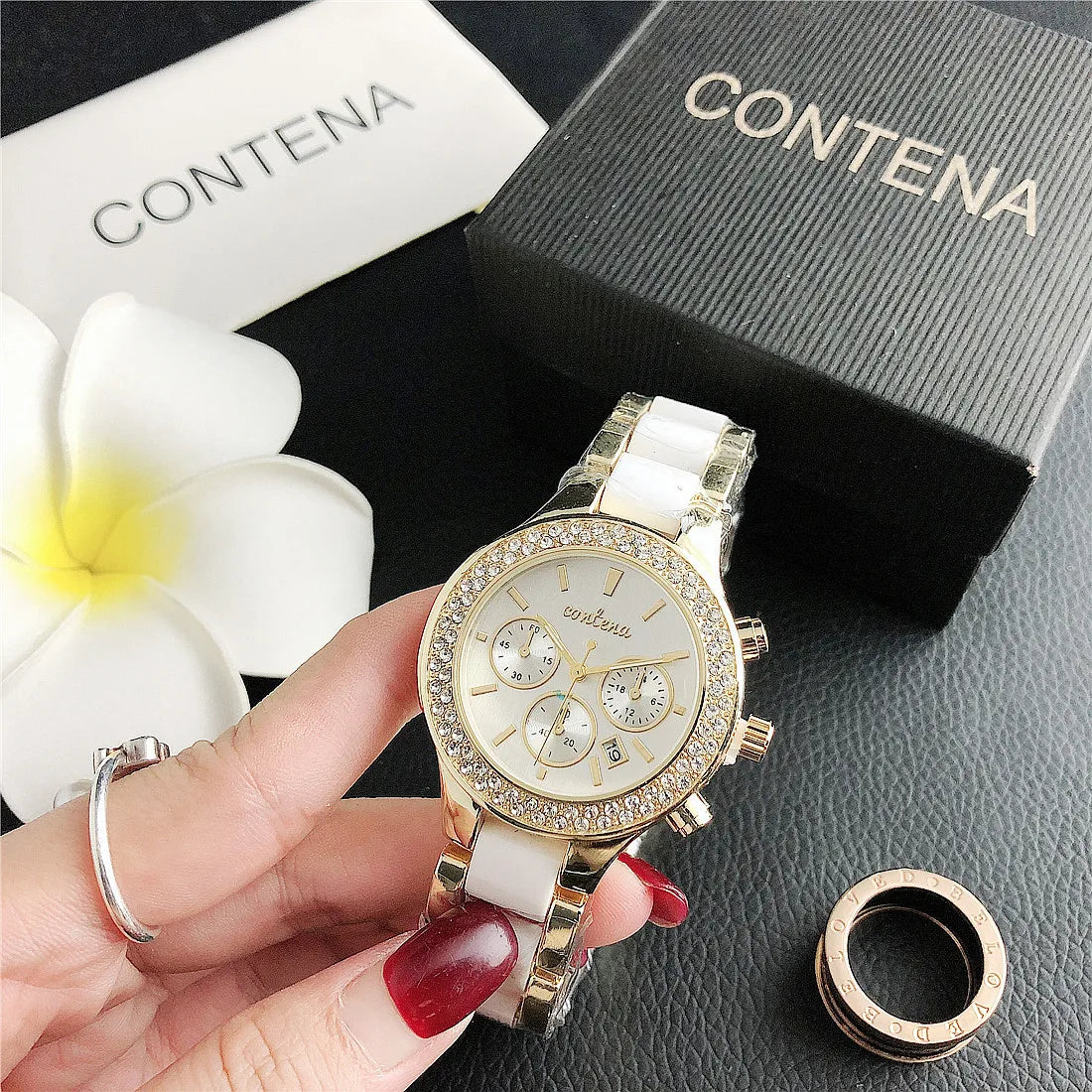 Contena Brand Luxury Women's Watch Fashion Rhinestones Stainless Steel Quartz Watch Simple Elegant Ladies Watch Reloj Mujer