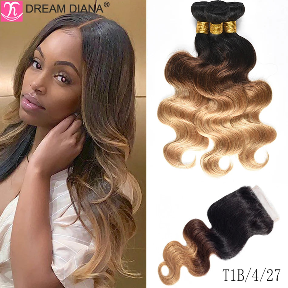 Red body wave Brazilian hair bundles with closure, 10A grade human hair by HSF Marketplace