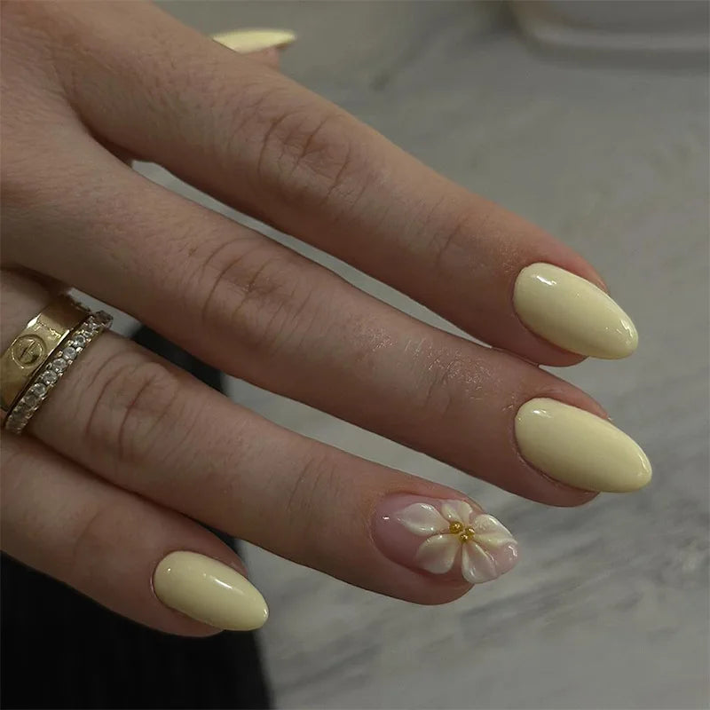 24-piece almond-shaped French yellow press-on false nails with 3D stereo flower design by HSF Marketplace