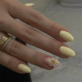 24-piece almond-shaped French yellow press-on false nails with 3D stereo flower design by HSF Marketplace