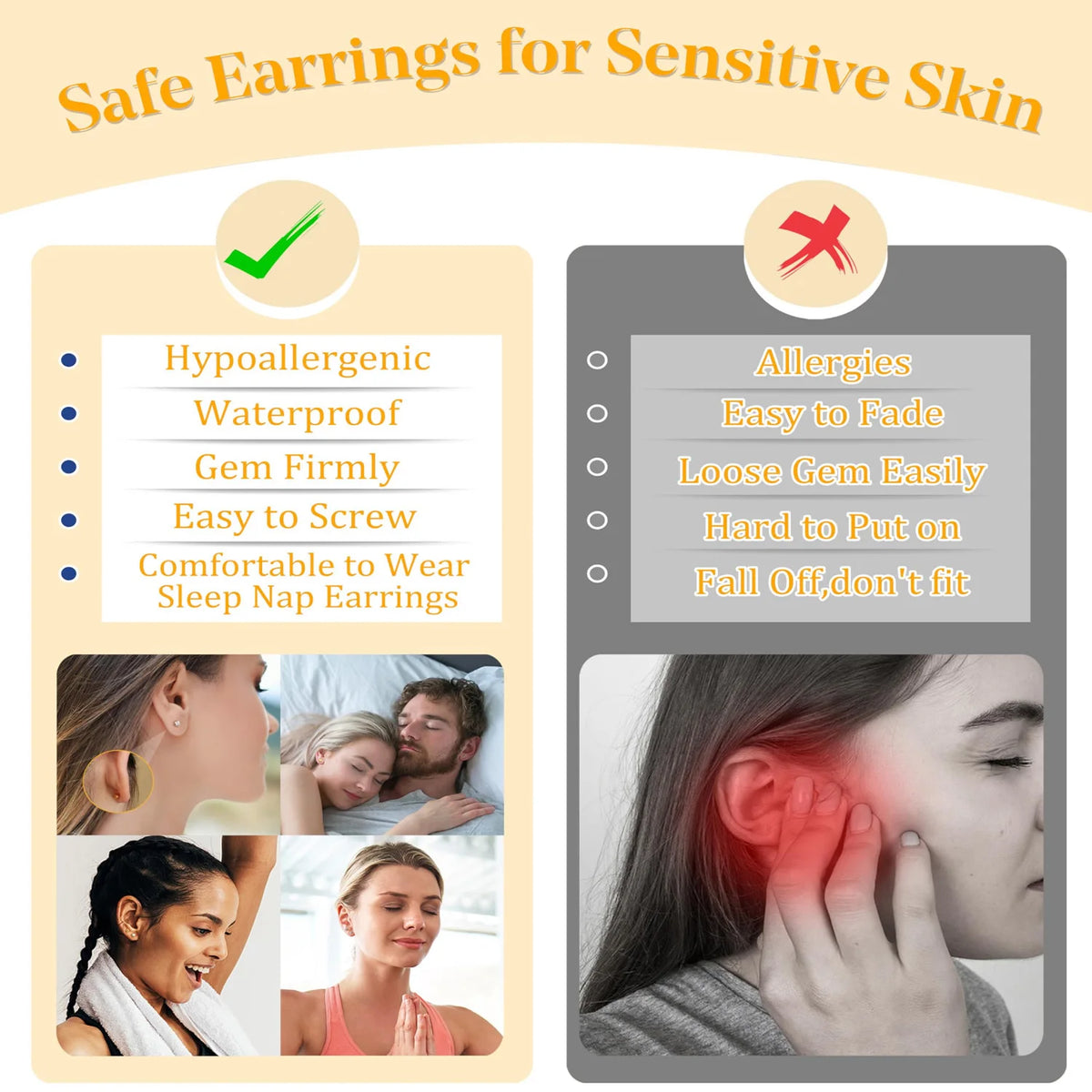 10 pairs flat back stainless steel earrings for sensitive ears by HSF Marketplace