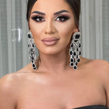 Black crystal tassel earrings for women, bridal jewelry with elegant dangling design by HSF Marketplace
