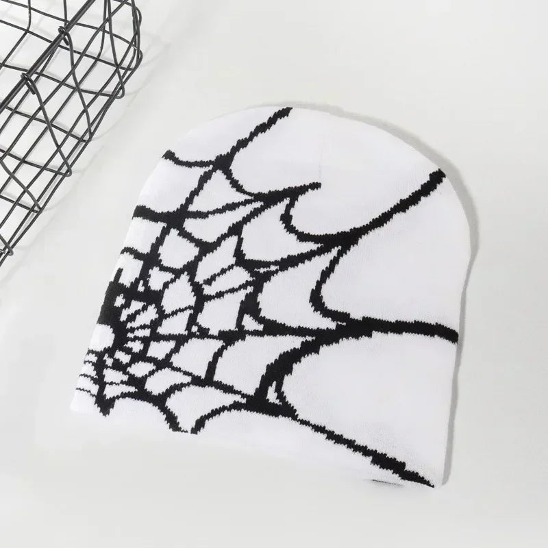 Women's knitting spider web skullies beanie, Y2K goth pullover pile cap in a warm hip-hop street style