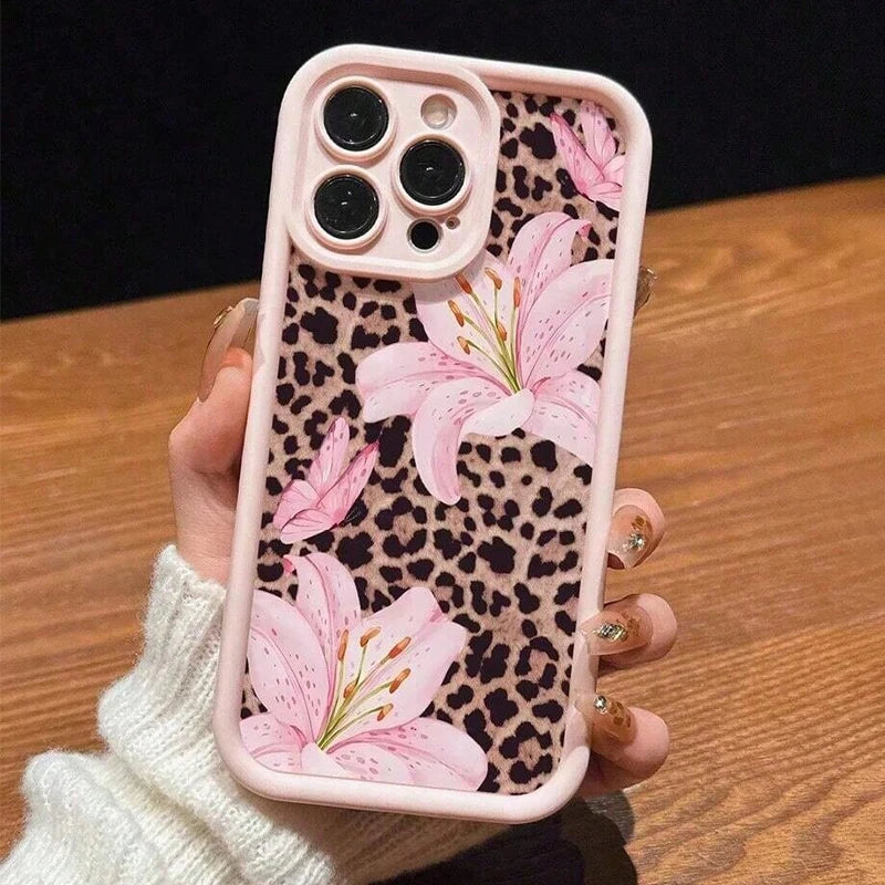 Pink lily and leopard print HSF Marketplace iPhone case with stylish protective design