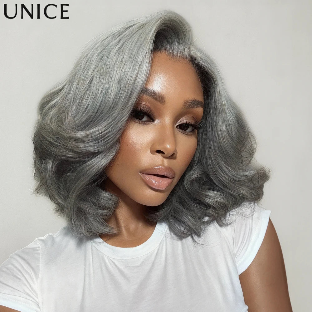 Salt and pepper wavy bob human hair wig with natural-looking texture and comfortable style