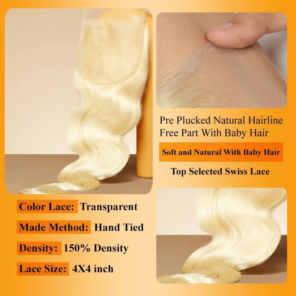 15A Human Hair Bundles with Closure 4x4 HD Lace 613 Blonde Body Wave Bundles Human Hair Weaving Remy 100% Human Hair Extensions