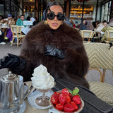 Women's brown faux fur warm jacket by HSF Marketplace for elegant casual style