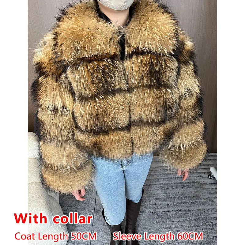 Women's luxury thick real raccoon fur coat in plus sizes, shown in a neutral color with a plush texture