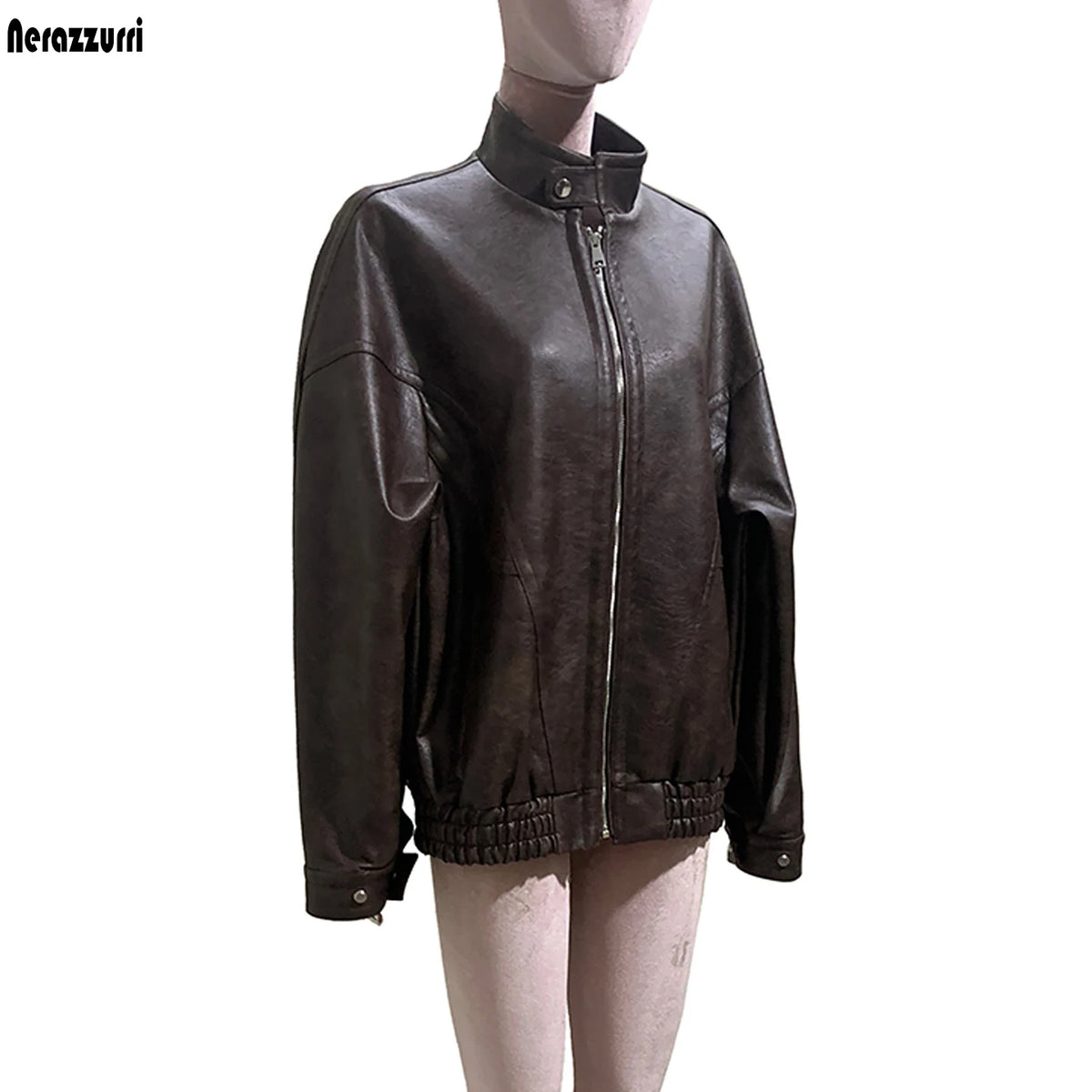 Women's distressed brown PU leather coat by HSF Marketplace with a stylish textured finish