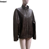 Women's distressed brown PU leather coat by HSF Marketplace with a stylish textured finish