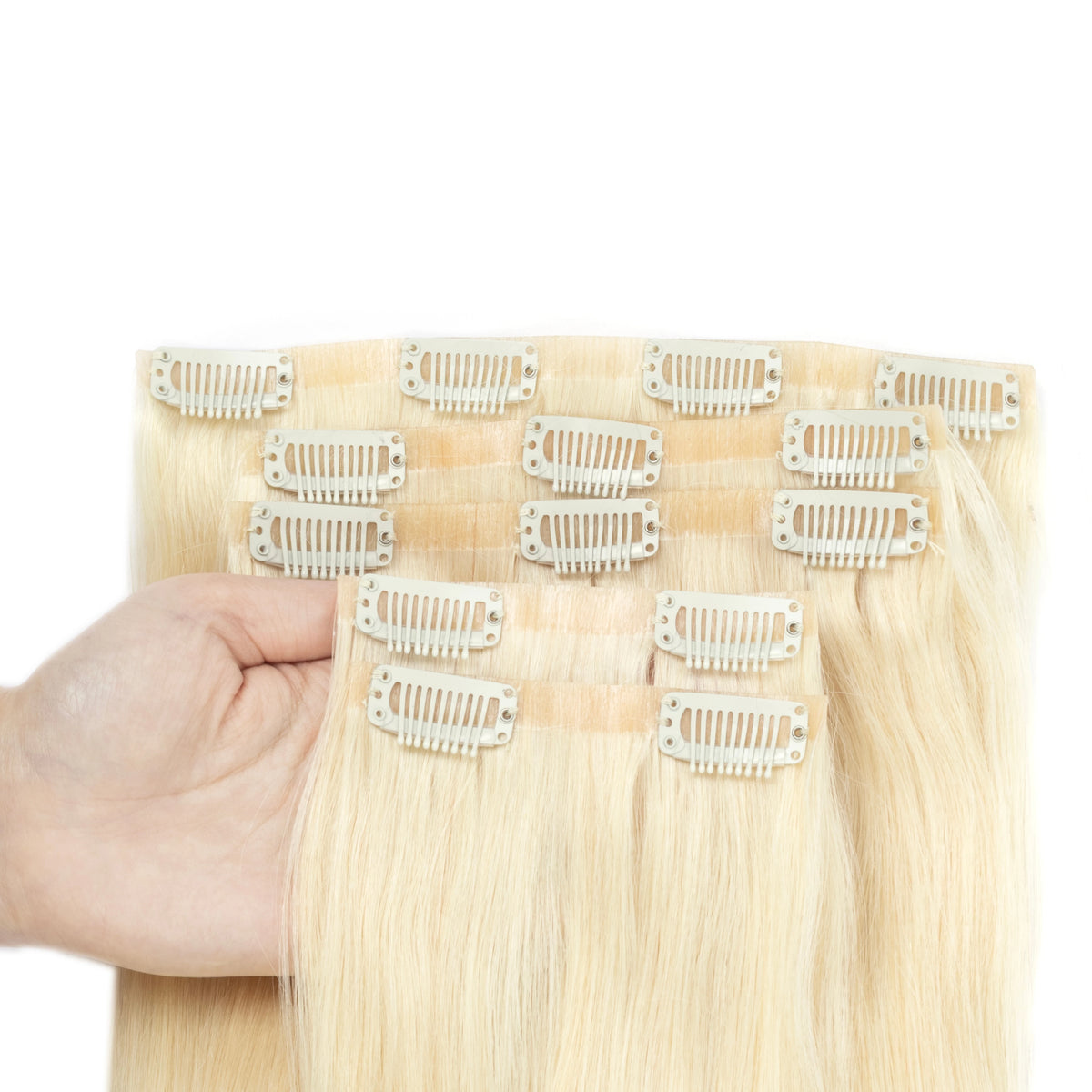 Invisible PU clip-in human hair extensions, 7-piece set with injected PU tape weft, 12–24 inch, 100–120g