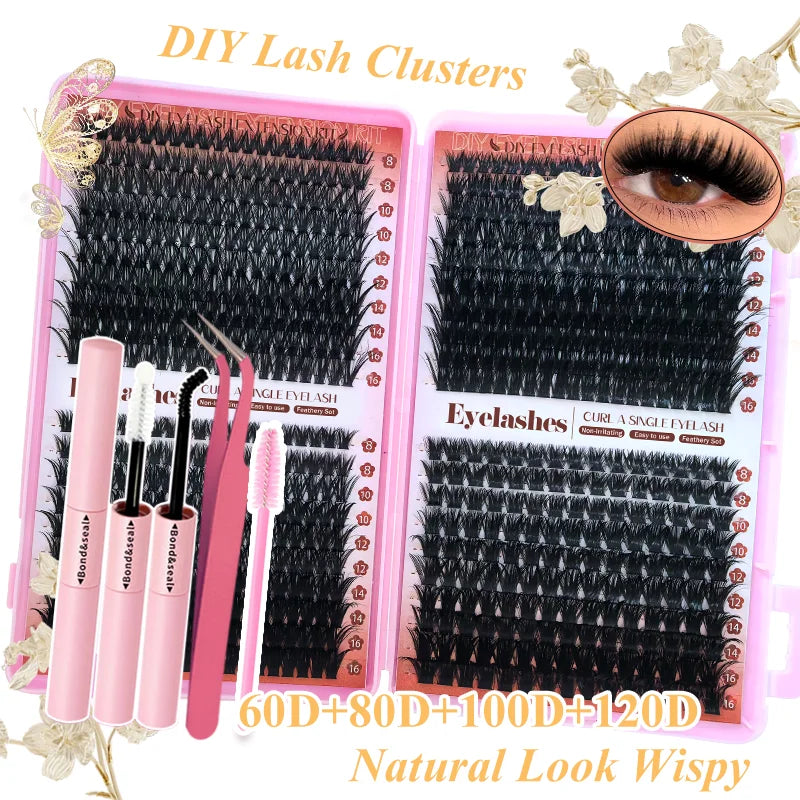 DIY Lash Extension Kit 8-16mm Mixed Lengths Fluffy Cluster Lashes Set Reusable Soft Lashes Natural Volume for Daily for Beginner
