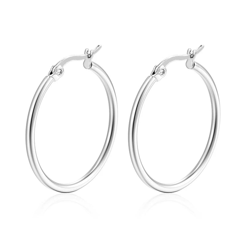 Classic stainless steel hoop earrings for women, 30–80mm sizes, polished circular jewelry design