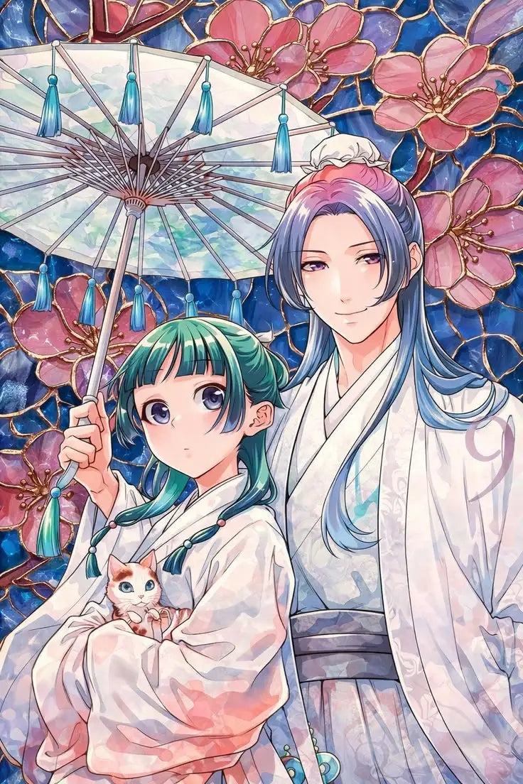 Japanese manga art poster featuring Maomao and Jinshi on a canvas print