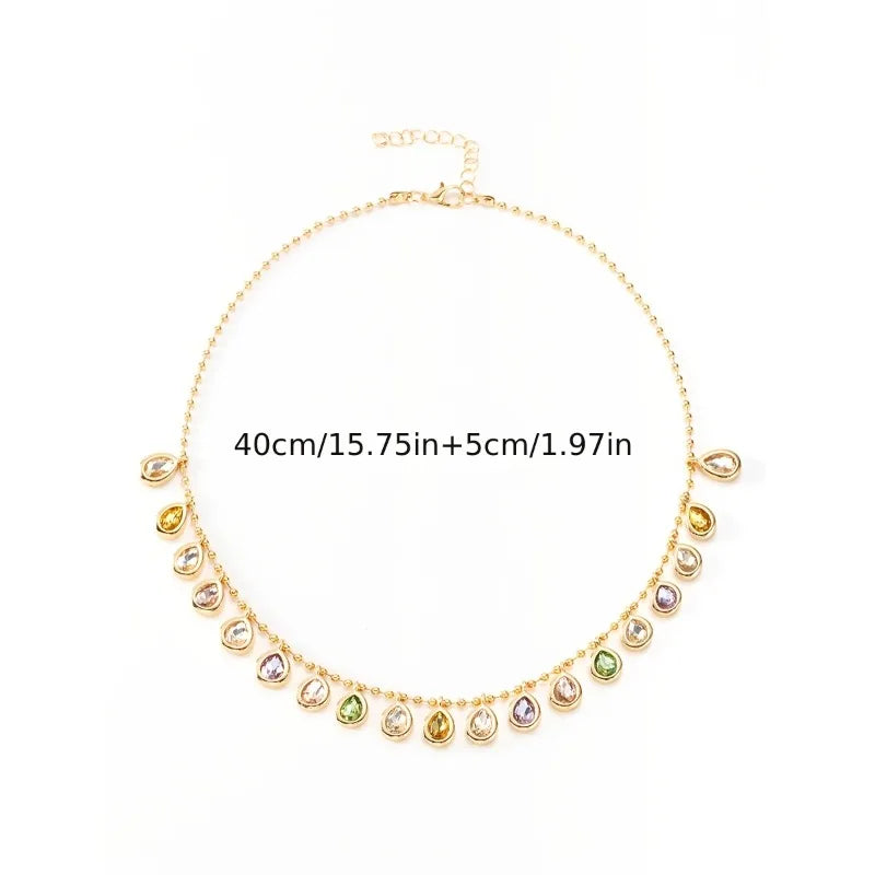 Bohemian multicolor teardrop crystal necklace with gold-plated water drop CZ pendant, delicate jewelry for women