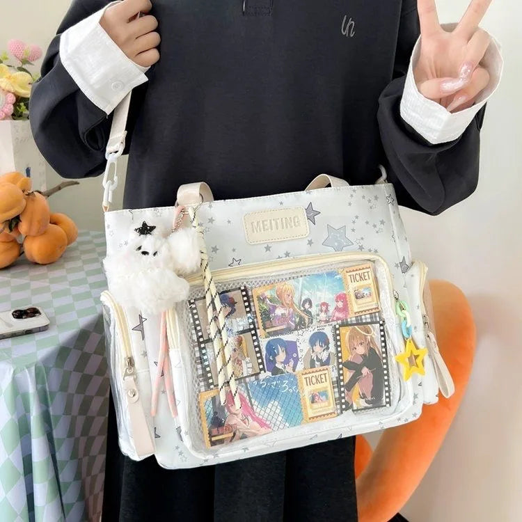 Transparent Y2K Japanese Ita Bag by HSF Marketplace featuring a large-capacity lolita-style tote with crossbody strap and casual design.