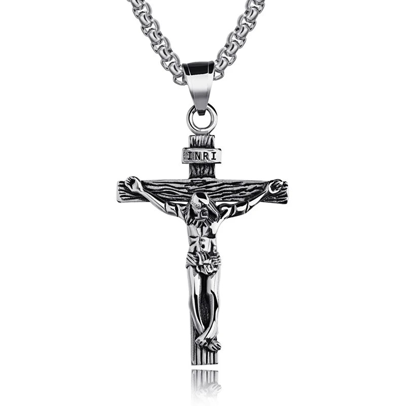Stainless steel Jesus cross necklace for men, shown in gold and silver options by HSF Marketplace