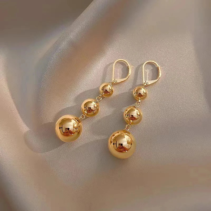 Punk metal round bead tassel pendant earrings for women, gold color glossy smooth ball jewelry HSF Marketplace