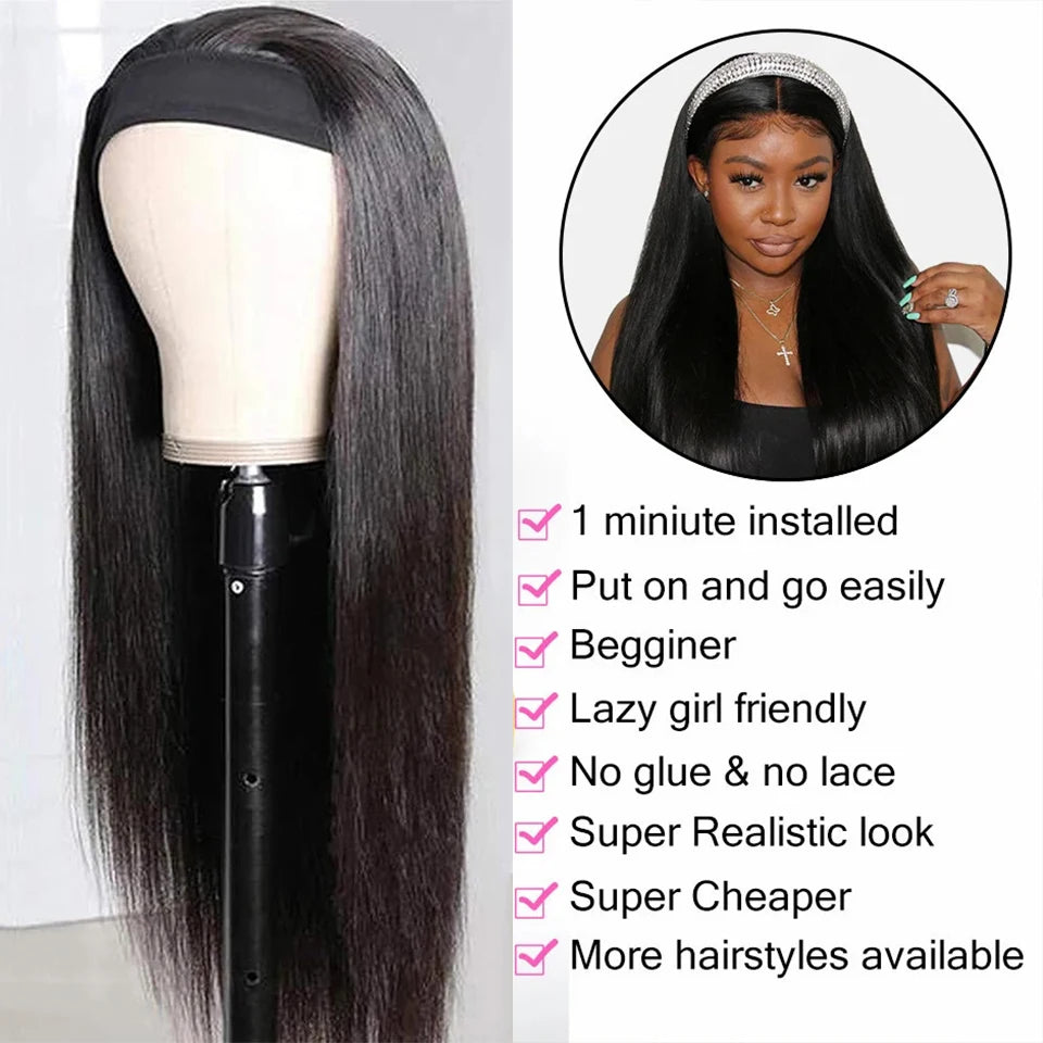 HSF Marketplace glueless headband wig, straight human hair wig for women with black hair and no lace front