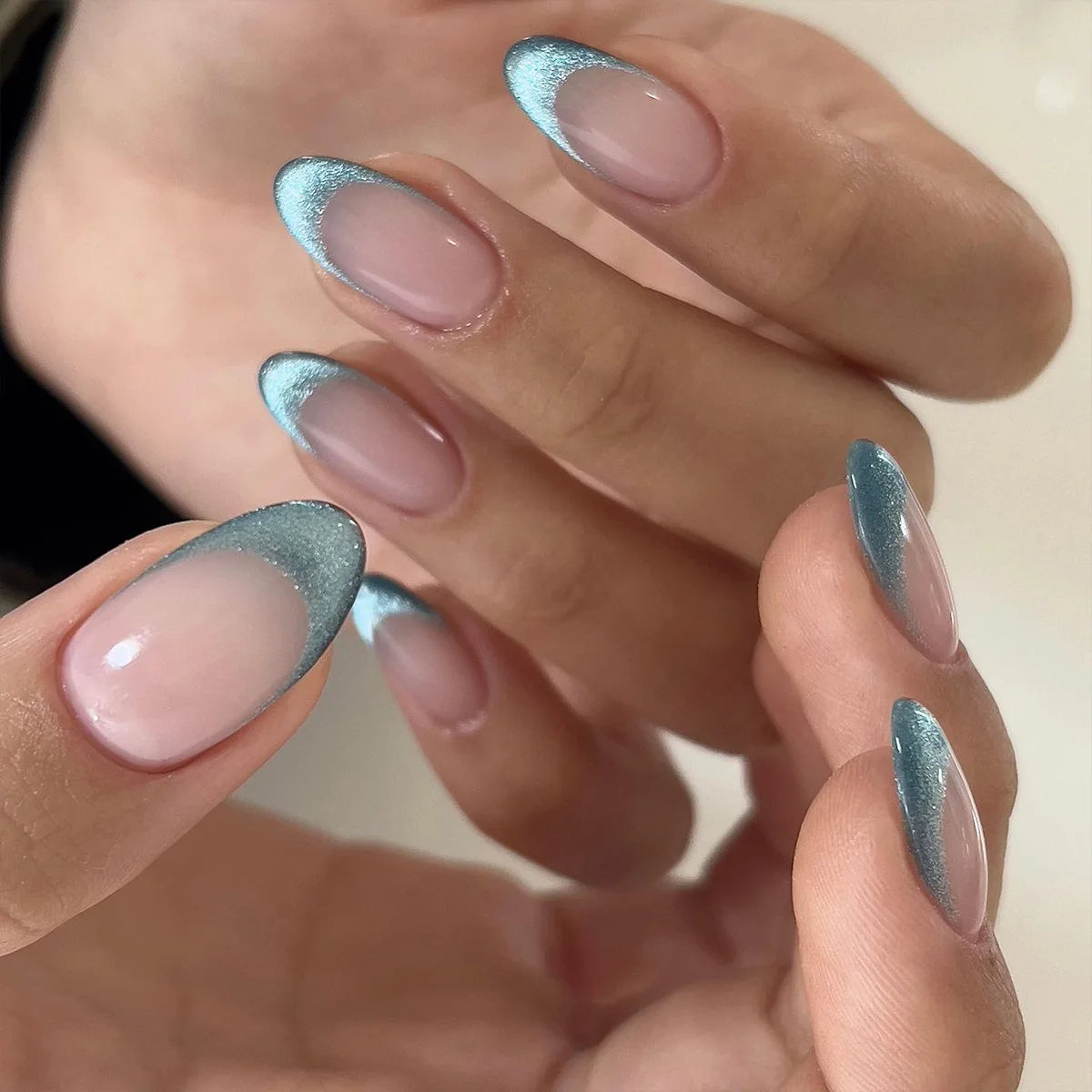 24-piece Y2K star press-on false nails with gradient blue French tips and gold moon designs, almond shape