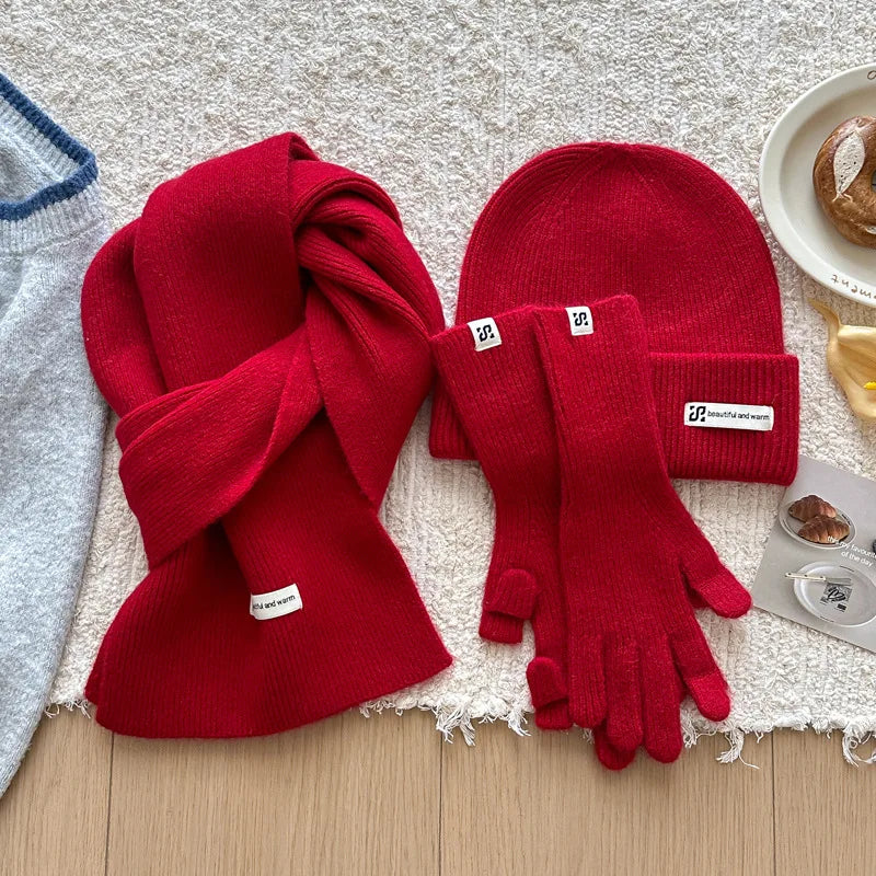 Women's knitted wool hat, scarf and gloves set in soft cashmere gray