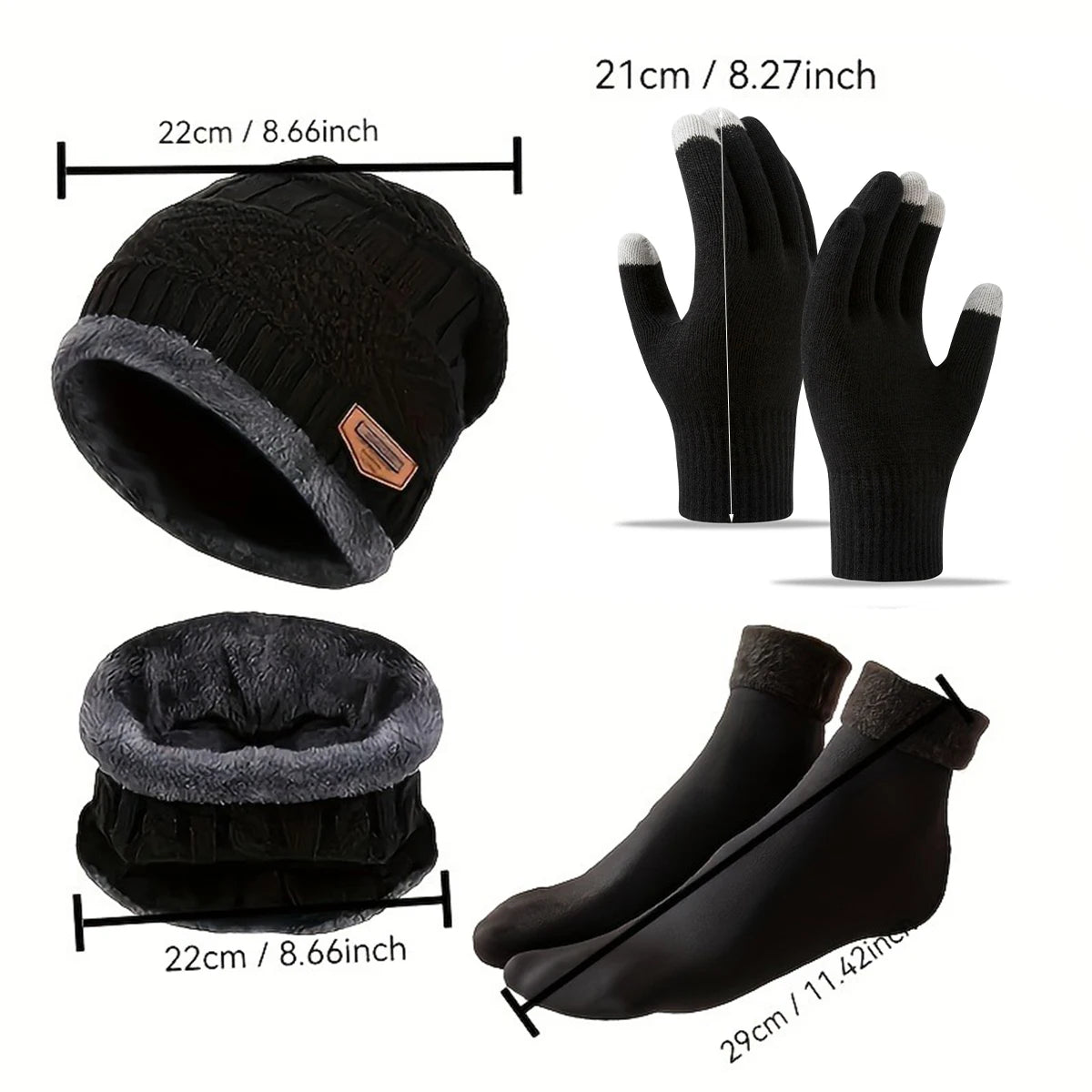 Cozy winter accessory set with soft beanie, gloves, socks, and scarf by HSF Marketplace