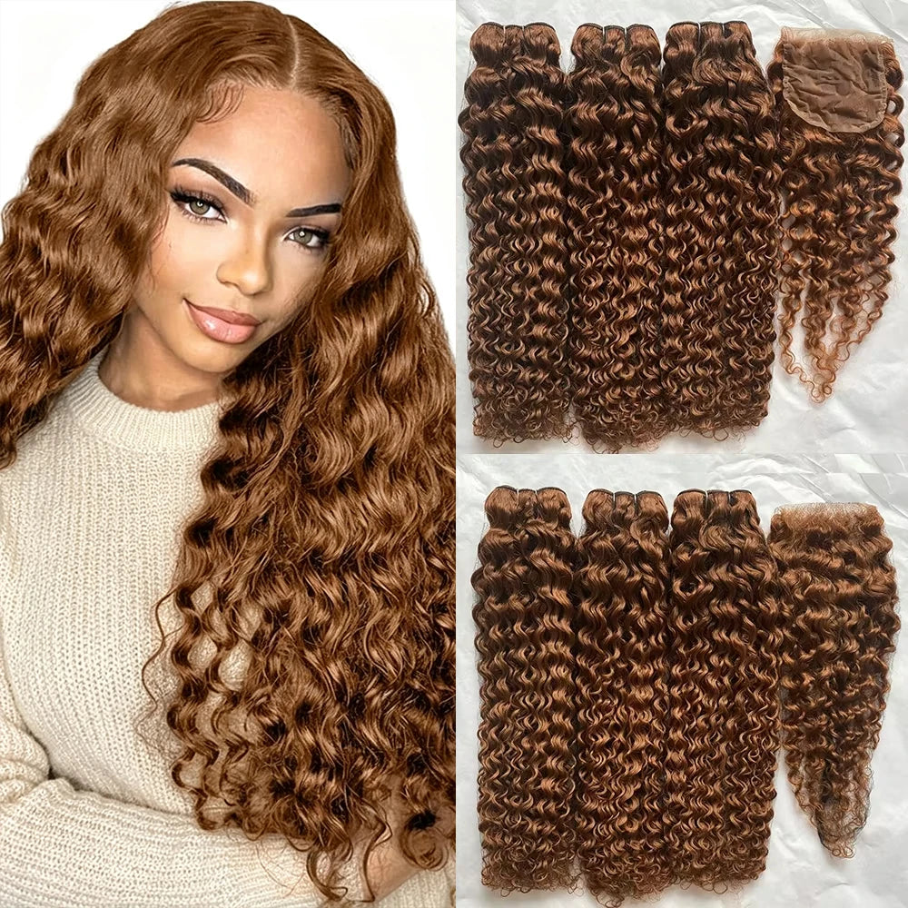 Chocolate brown human hair bundles with transparent lace closure, featuring wet and wavy deep curly wave extensions by HSF Marketplace
