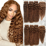 Chocolate brown human hair bundles with transparent lace closure, featuring wet and wavy deep curly wave extensions by HSF Marketplace