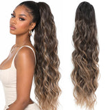 28-inch synthetic body wave drawstring ponytail extension in ombre brown with blonde highlights