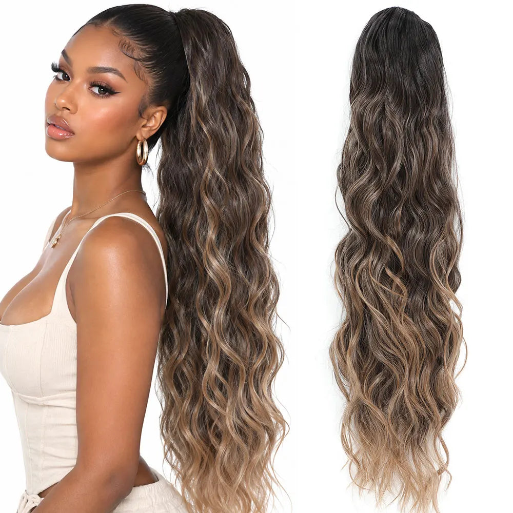 28-inch synthetic body wave drawstring ponytail extension in ombre brown with blonde highlights