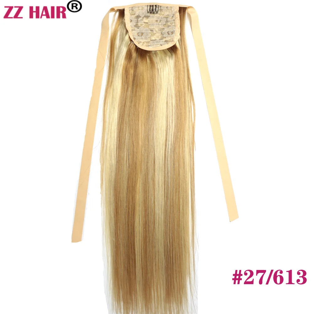 ZZHAIR Brazilian Remy human hair ribbon ponytail extension, 16-20 inch natural straight horsetail clip-in, 60g