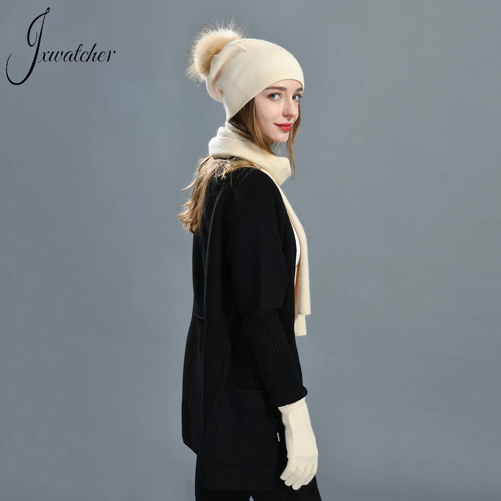 Warm cashmere wool winter hat, gloves and scarf set for women by HSF Marketplace