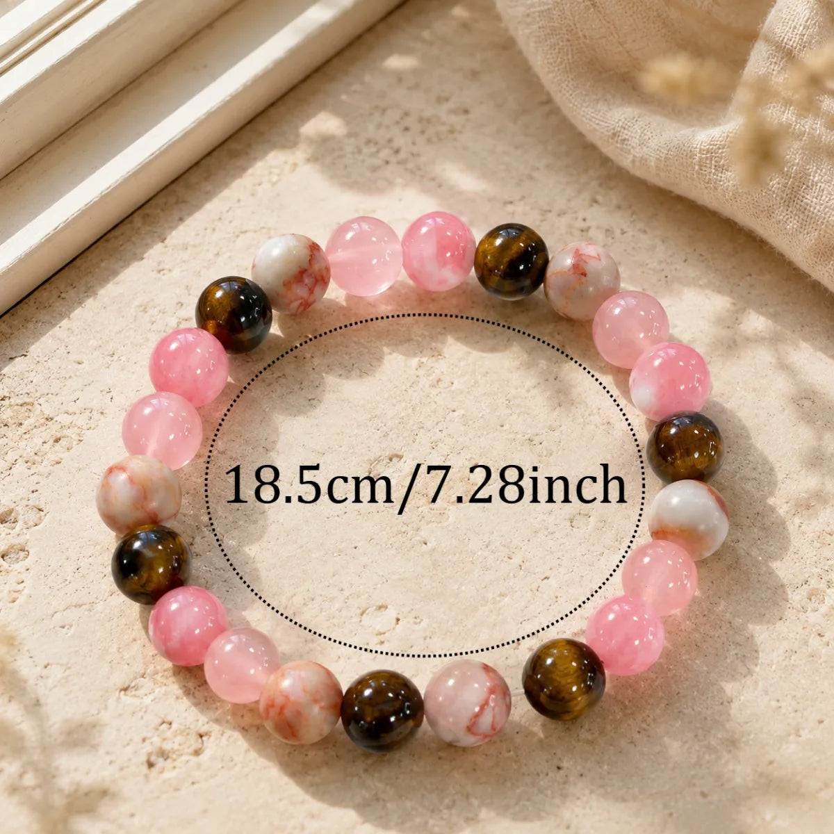 Pink Brown Beaded Bracelet, Round Elastic Bracelet with Tiger Eye Style and White Marble Pattern Beads, Daily Wear Jewelry Gift