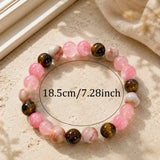Pink Brown Beaded Bracelet, Round Elastic Bracelet with Tiger Eye Style and White Marble Pattern Beads, Daily Wear Jewelry Gift