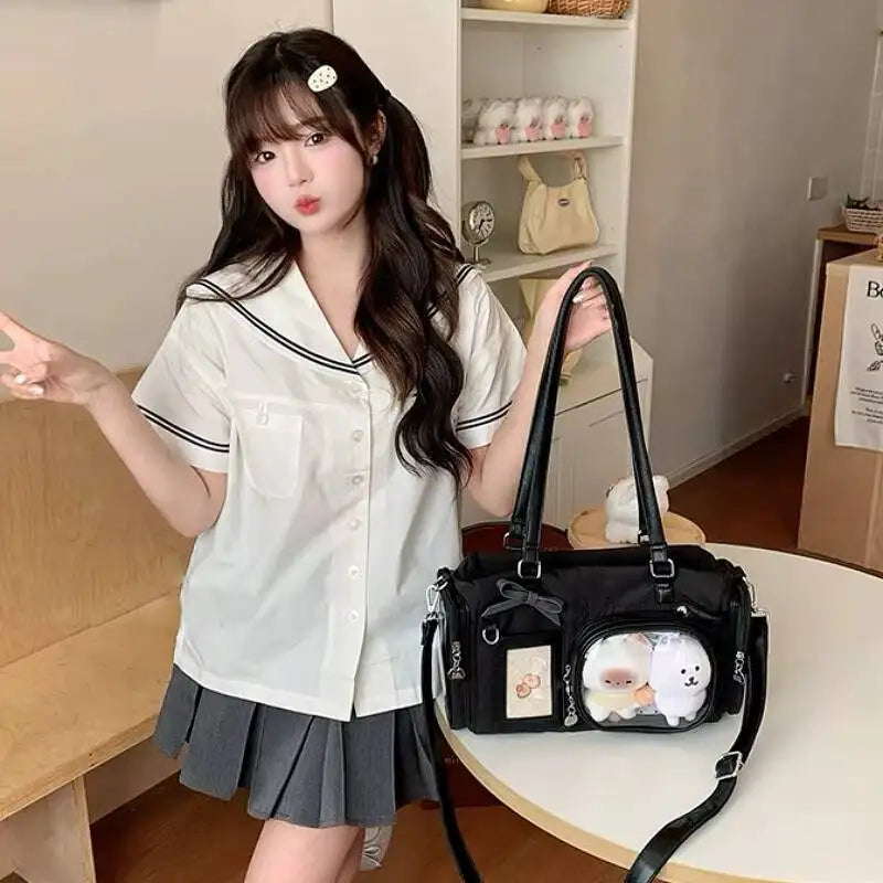 Y2K New Bow Ita shoulder handbag by HSF Marketplace, transparent with large capacity, cute comic design, crossbody style, DIY display.