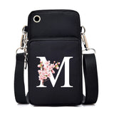 Fashion floral Sakura alphabet graphics small crossbody handbag for women, with colorful letter designs and mobile phone compartment.