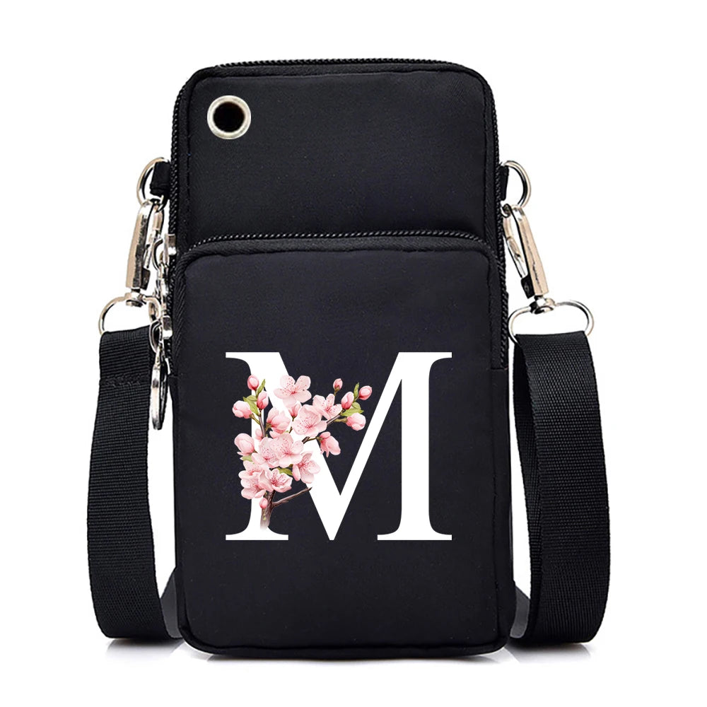 Fashion floral Sakura alphabet graphics small crossbody handbag for women, with colorful letter designs and mobile phone compartment.