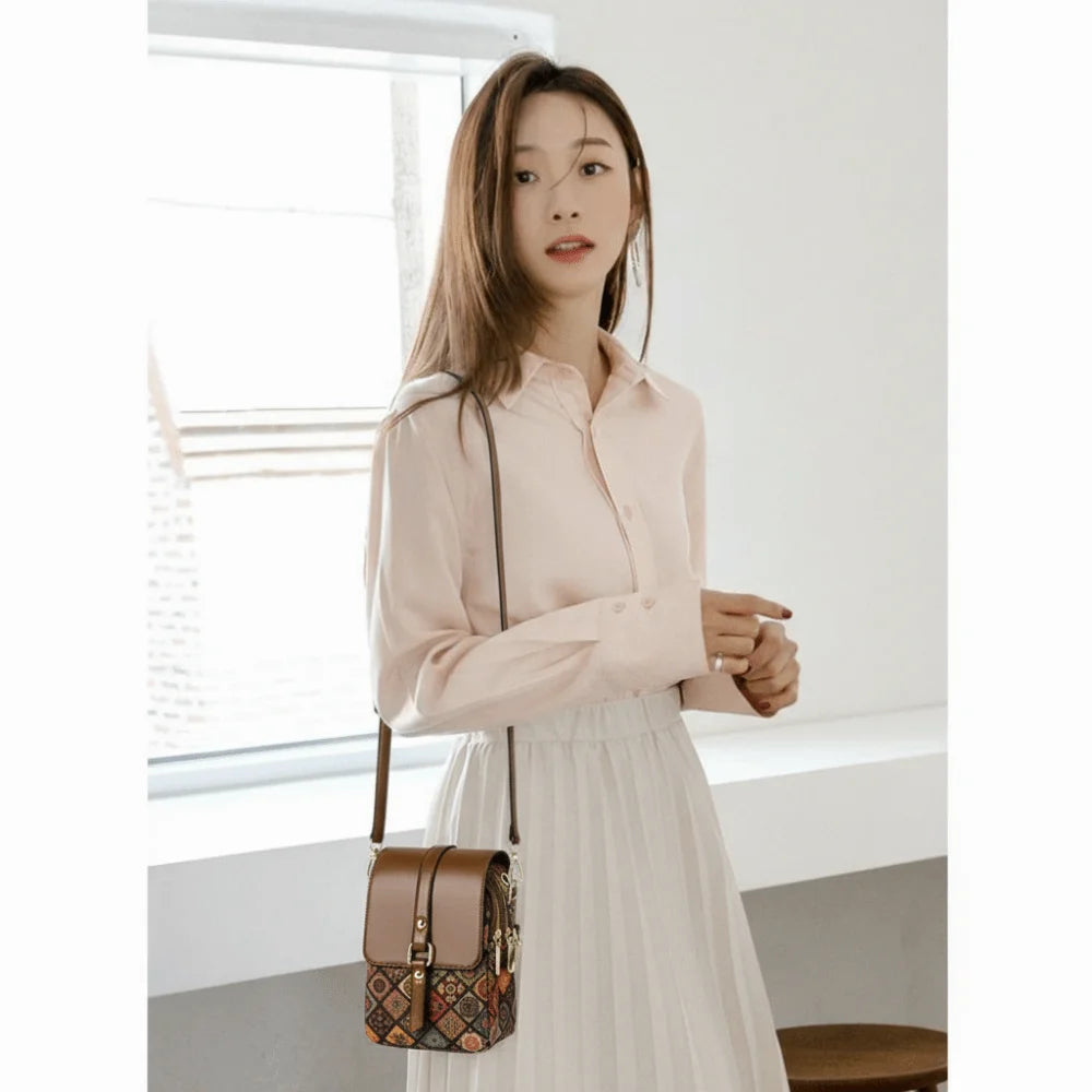 Bohemian printed PU leather phone bag with ethnic design, versatile crossbody style for ladies, single shoulder handbag by HSF Marketplace.