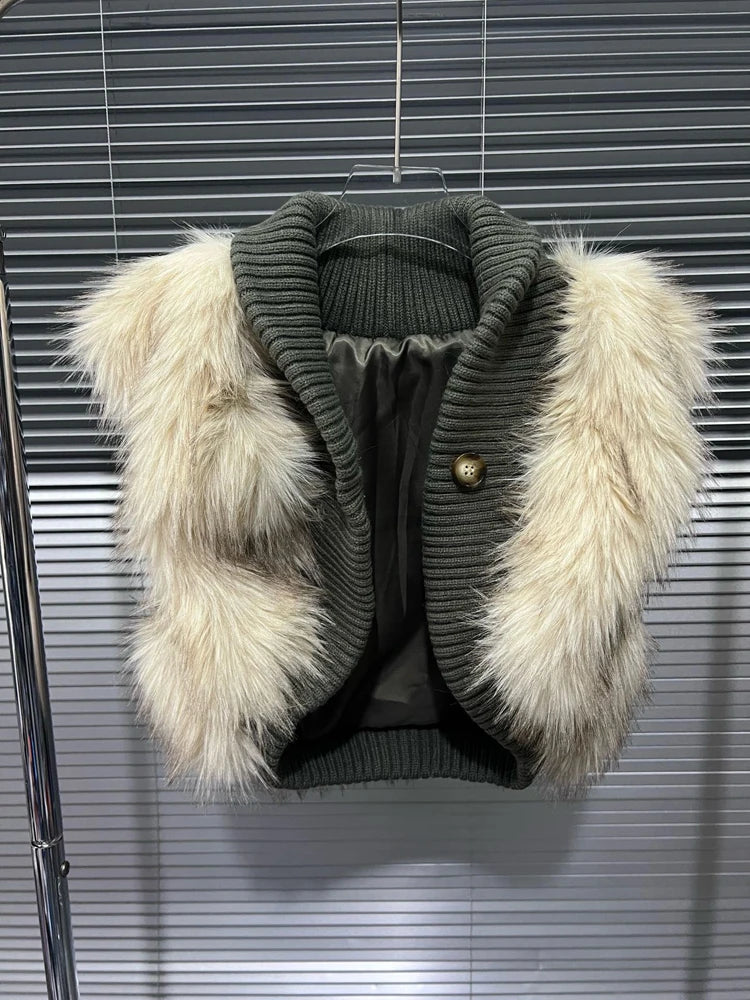 Women's fluffy faux fur knitted sleeveless cropped vest by HSF Marketplace in a furry waistcoat style