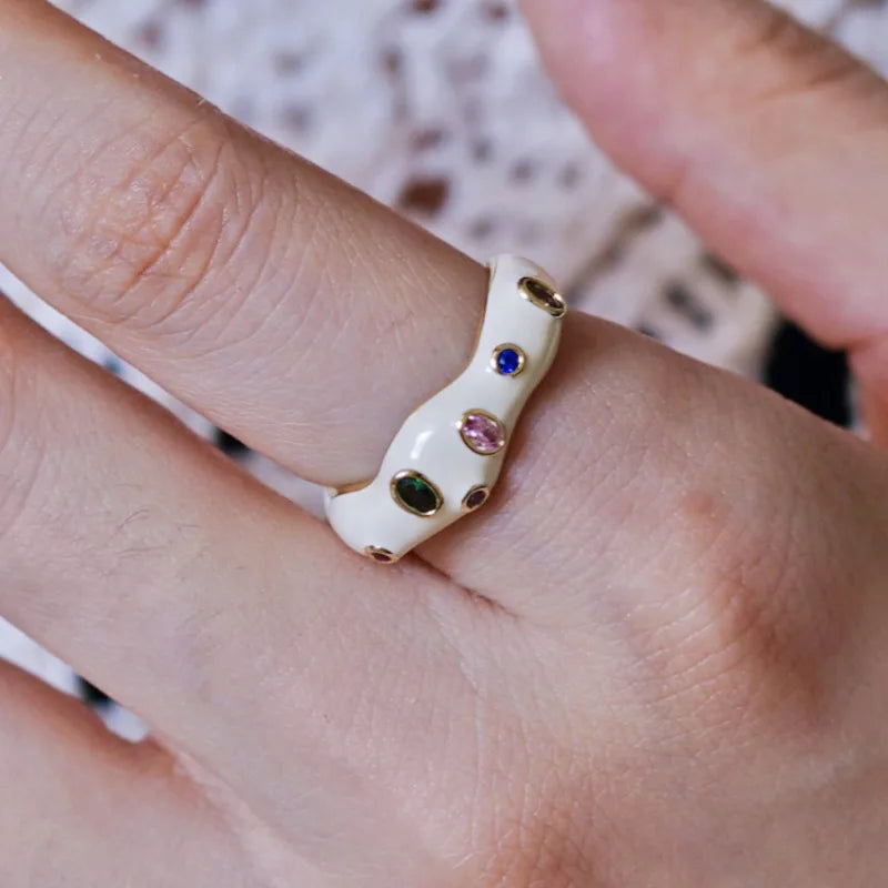925 Sterling Silver Open Finger Ring Golden Enamel Donut Dazzling Geometric Punk For Women Jewelry Gift Dropship Wholesale