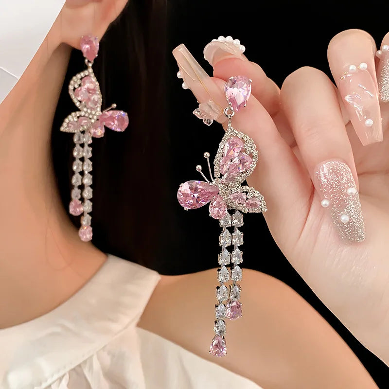 Pink zircon dangle earrings with elegant drop design for romantic weddings and parties by HSF Marketplace